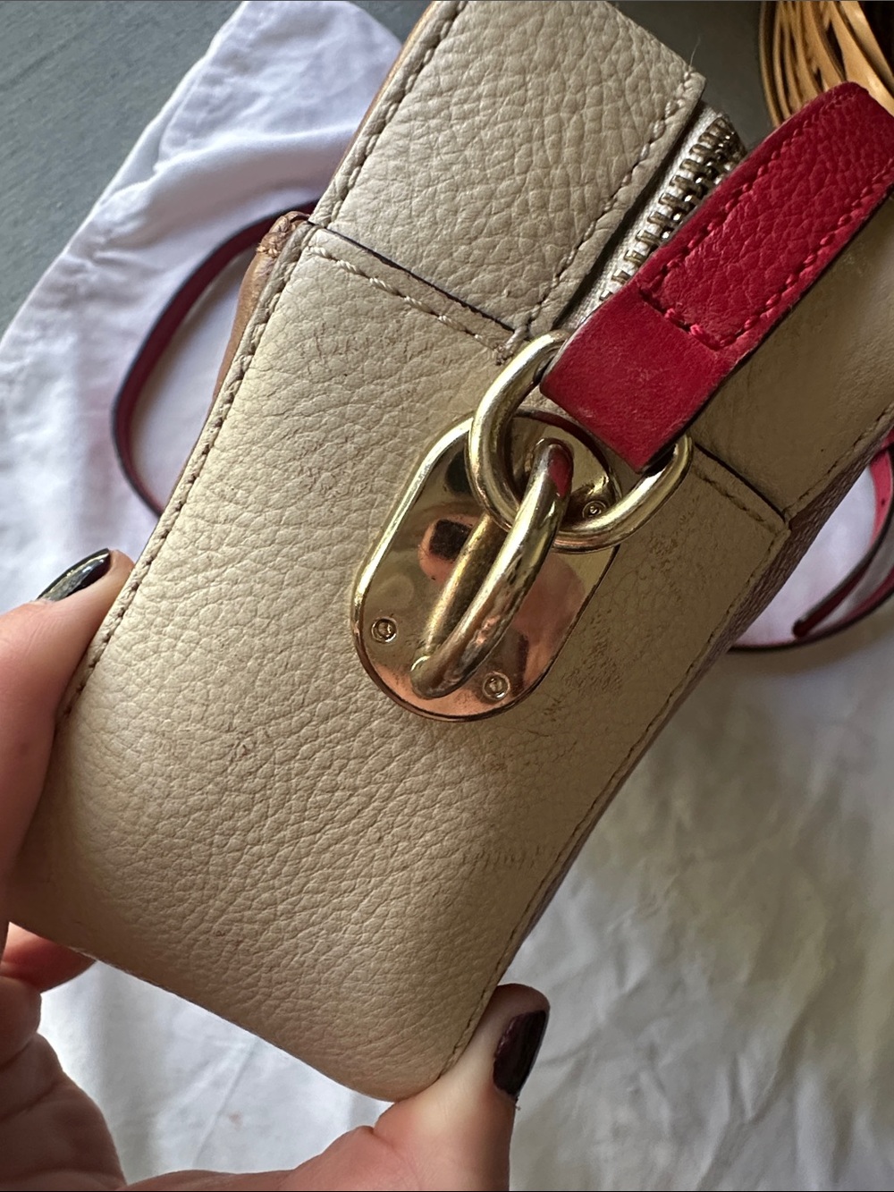 Cole Haan Benson Camera Bag- Light Brown Camel Cream and Red Leather - Picture 8 of 16